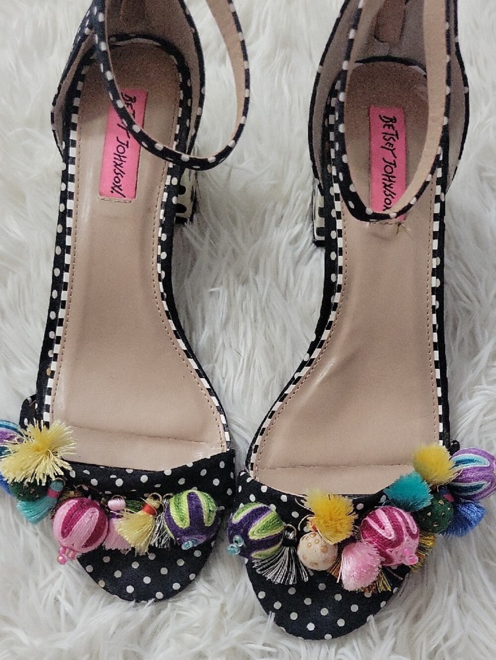Betsey Johnson Black Polka Dot Pom-Pom Ankle Strap Heels - Picture 2 of 5